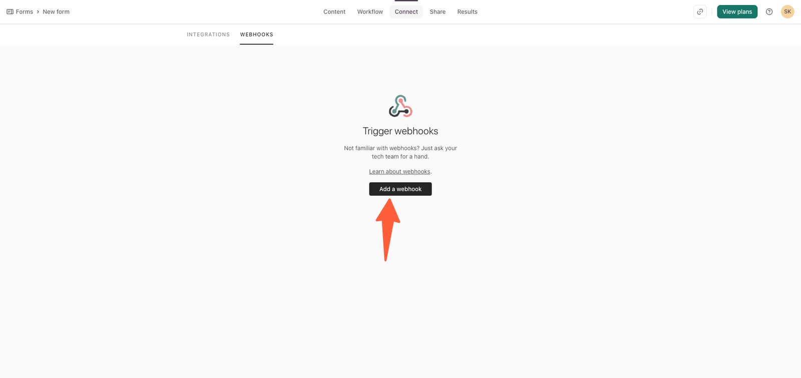 Typeform Add a webhook dialog with the URL field