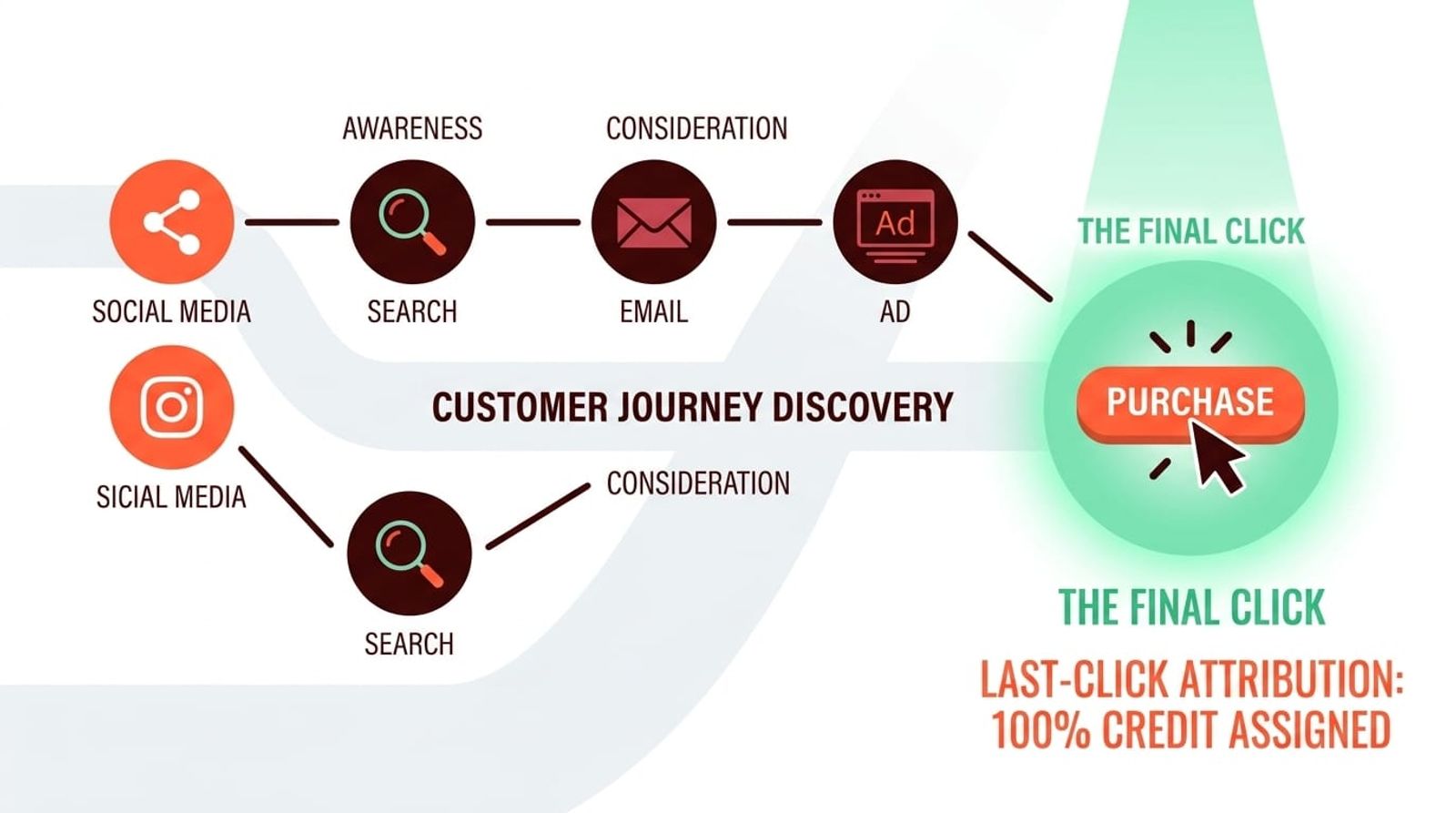 Last click attribution model visualization showing customer journey with final touchpoint highlighted