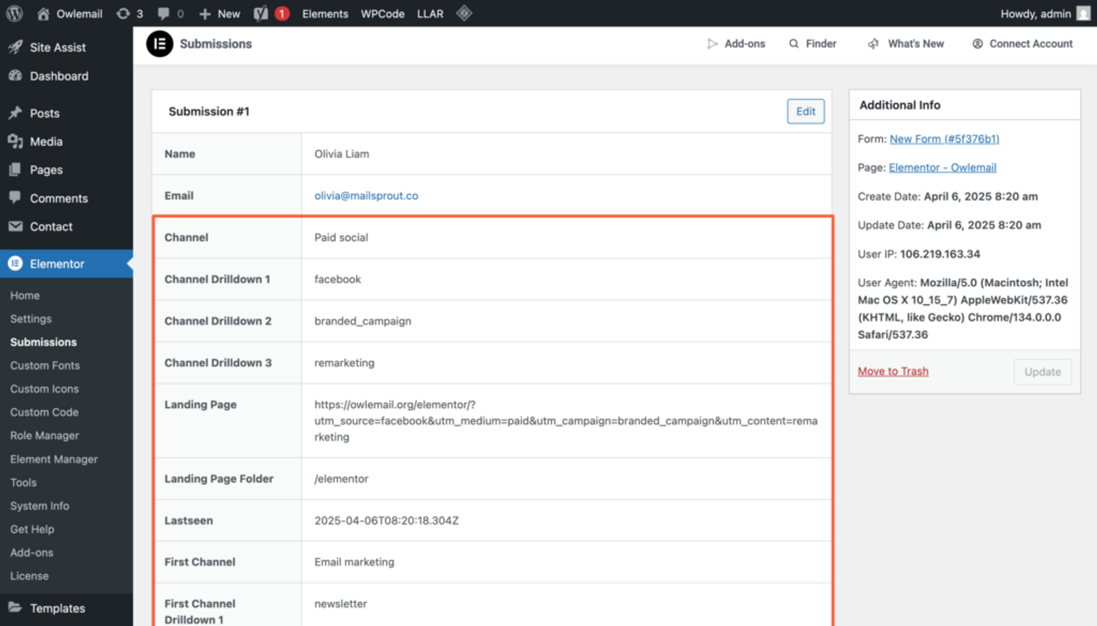 Elementor Forms capture UTM Parameters