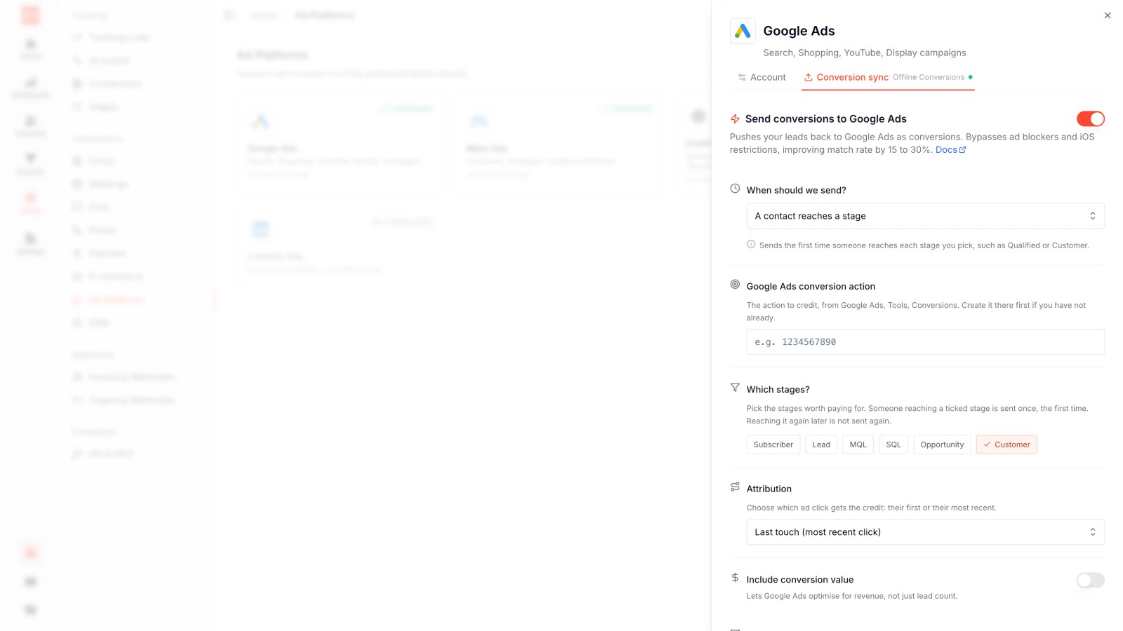 SourceLoop conversion sync mapping a qualified CRM stage to a Microsoft Ads offline Conversion Goal with a value