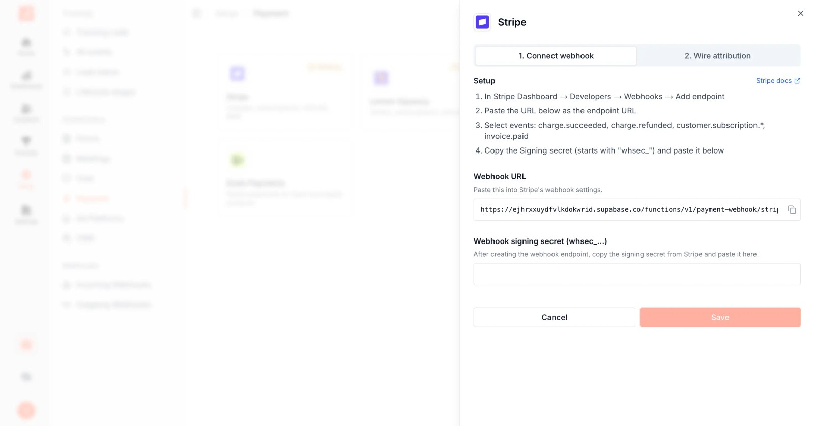 SourceLoop Stripe drawer with the webhook URL and signing secret fields