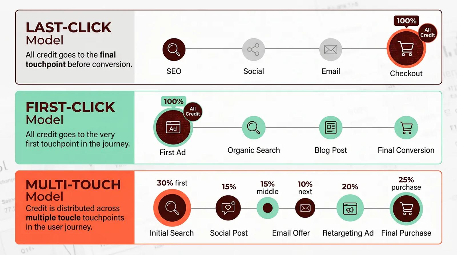Comparison of attribution models showing how different models distribute credit across customer touchpoints