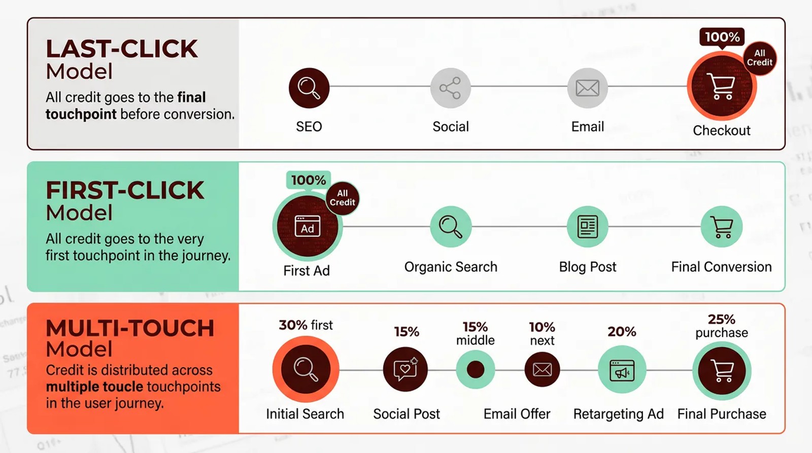 Comparison of attribution models showing how different models distribute credit across customer touchpoints