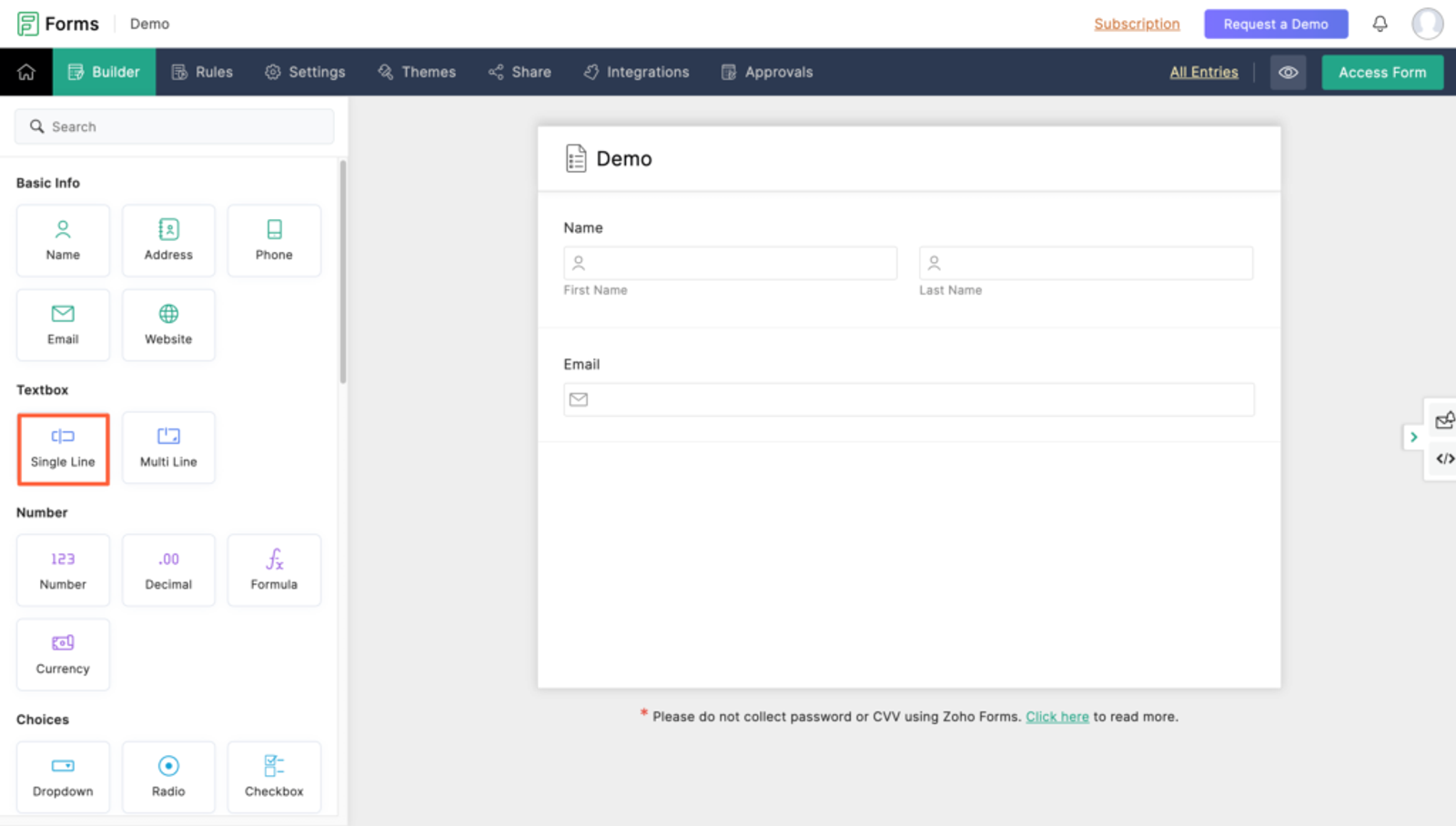 add single line field in Zoho Forms