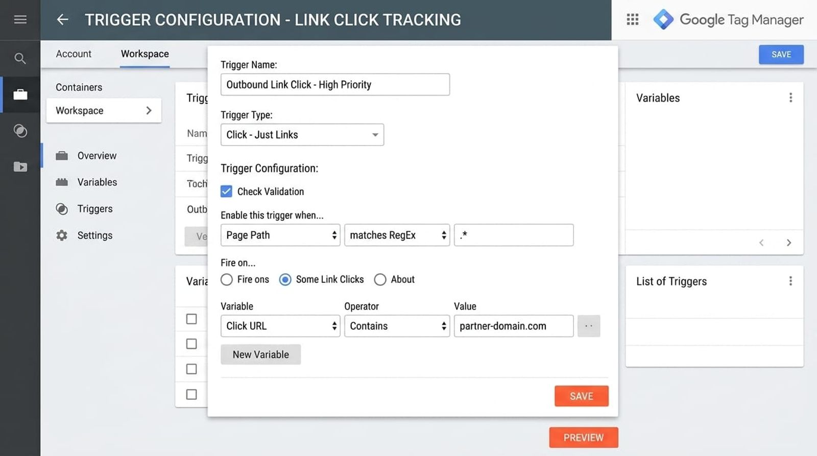 Google Tag Manager interface showing custom trigger configuration for outbound link tracking