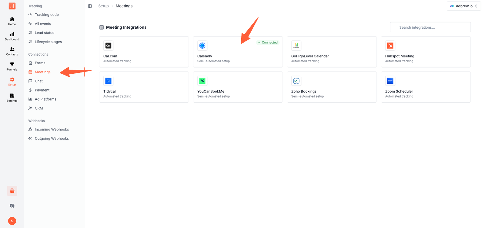 SourceLoop Setup Meeting tab with Calendly highlighted
