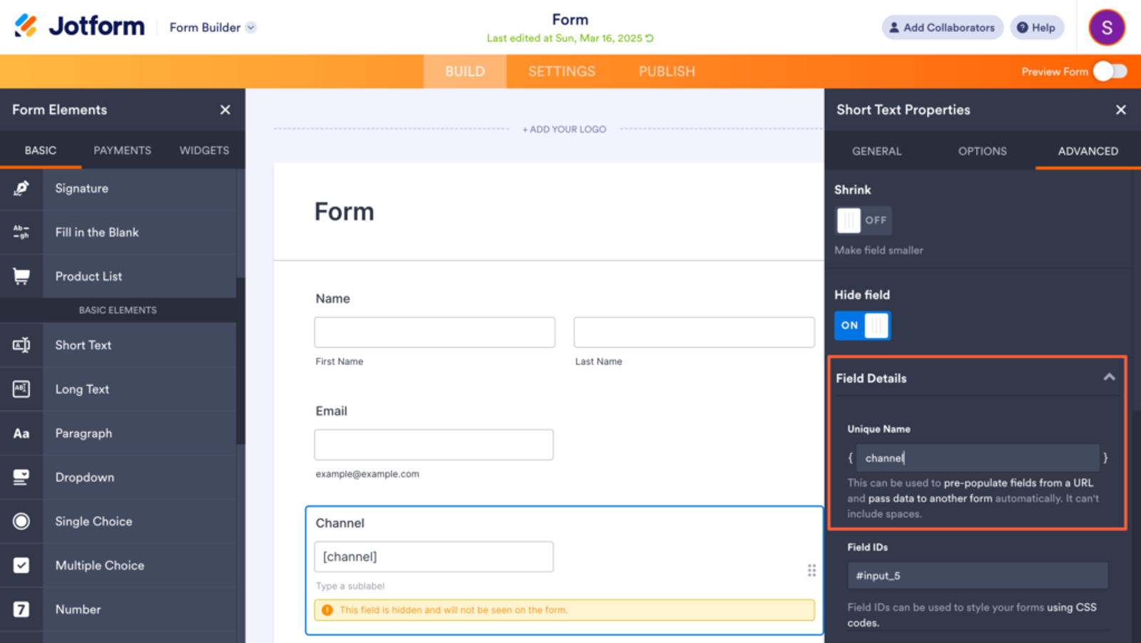 Jotform unique name for UTM tracking in Jotform