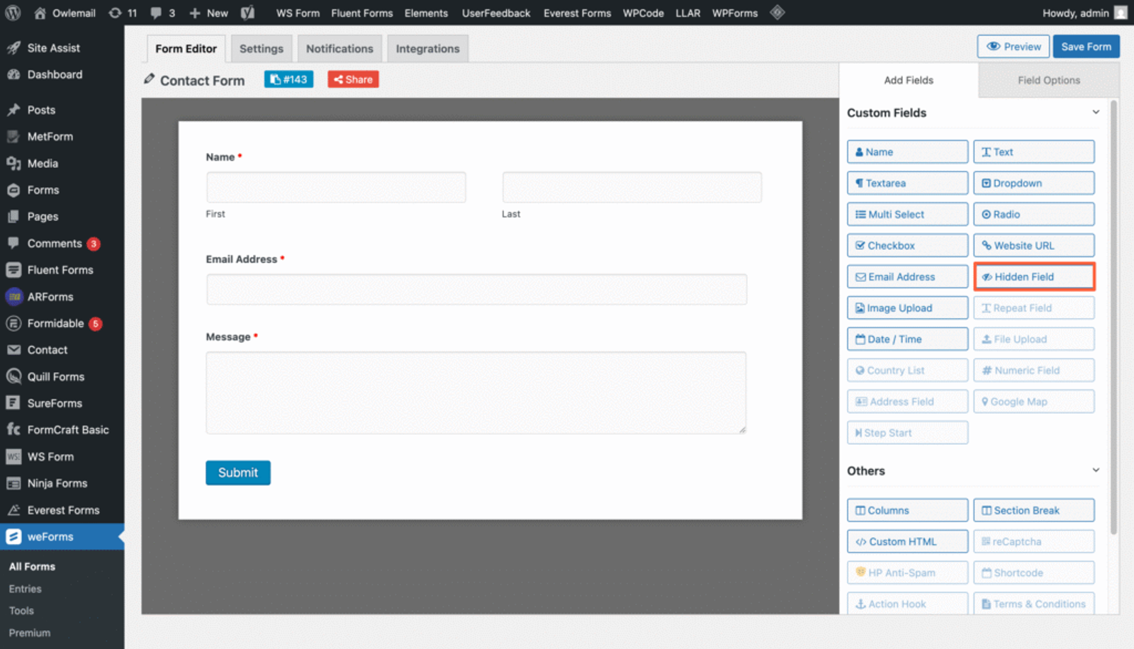 
Add hidden fileds in WeForms