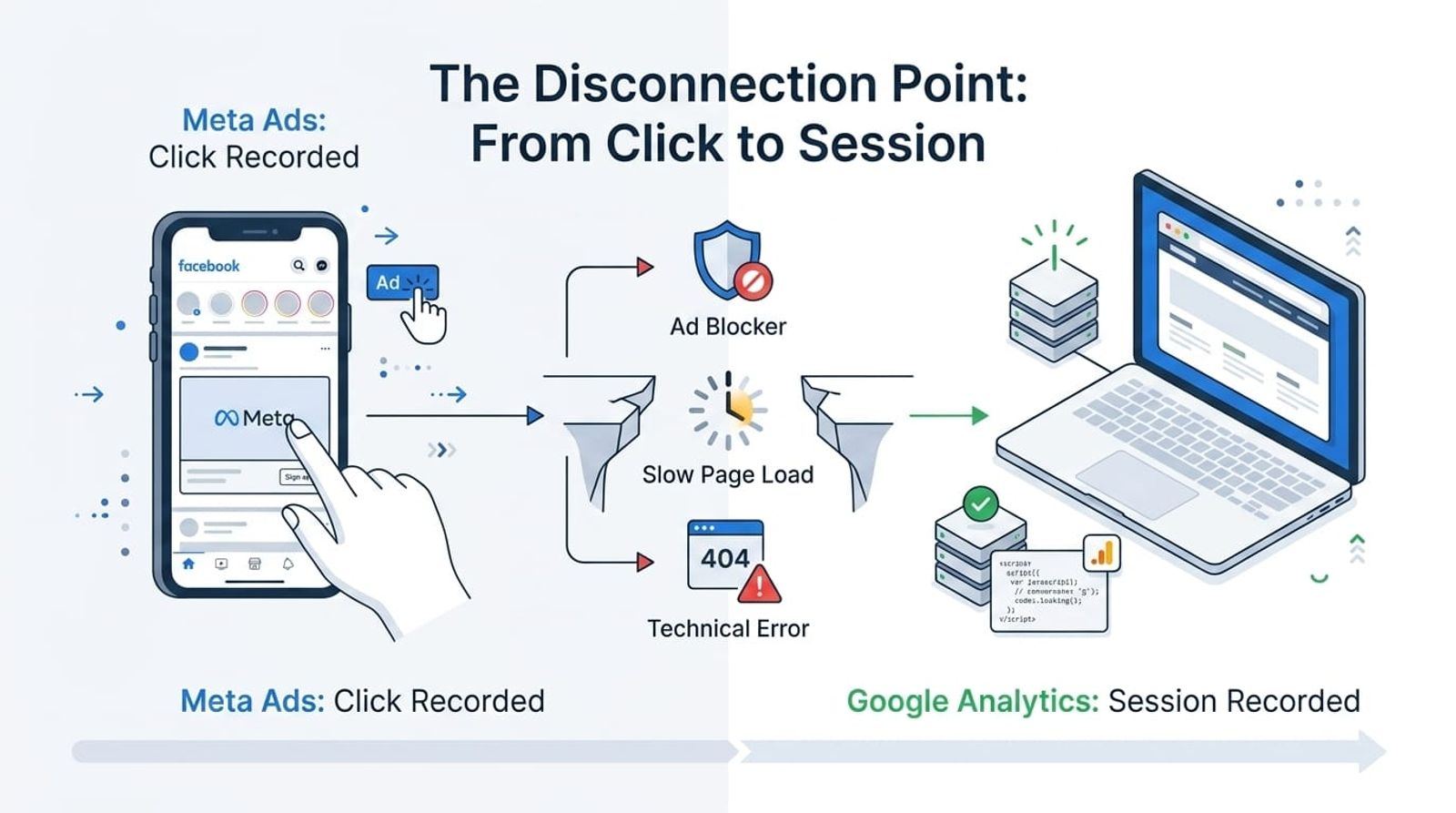 Diagram illustrating the gap between Meta Ads click tracking and Google Analytics session tracking, showing common failure points like ad blockers and slow page loads