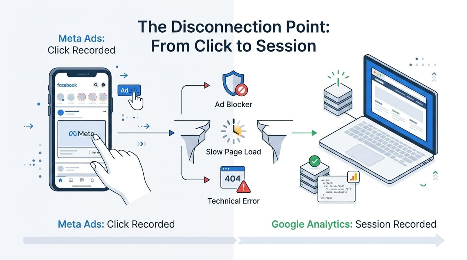 Diagram illustrating the gap between Meta Ads click tracking and Google Analytics session tracking, showing common failure points like ad blockers and slow page loads
