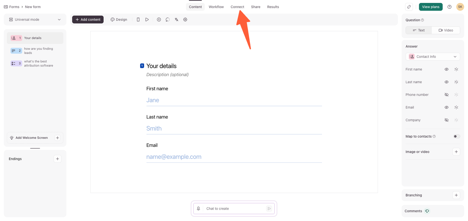 Typeform builder with the Connect tab highlighted
