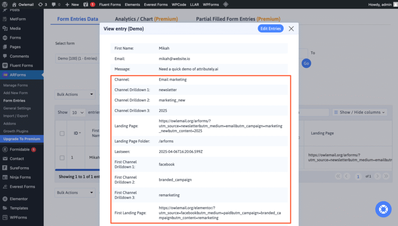 ARForms UTM tracking