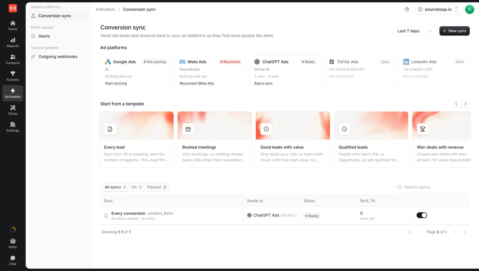 SourceLoop conversion sync home with ad platform cards, LinkedIn and TikTok marked Soon