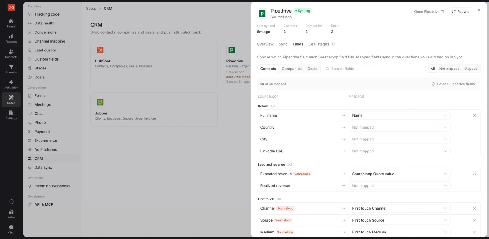 SourceLoop CRM field mapping with first-touch channel, source and medium mapped to CRM fields