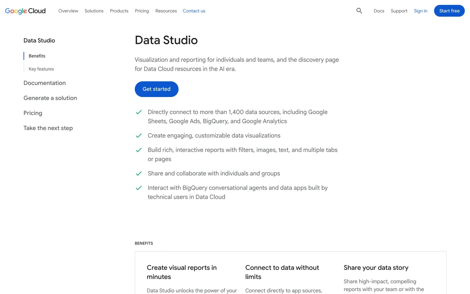 Google Data Studio page on Google Cloud