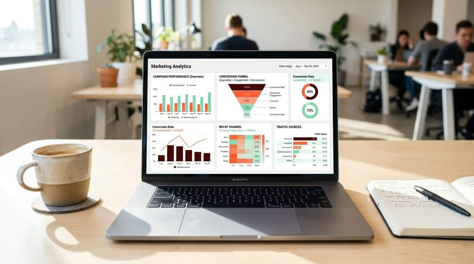 Marketing analytics dashboard showing campaign performance metrics and ROI data
