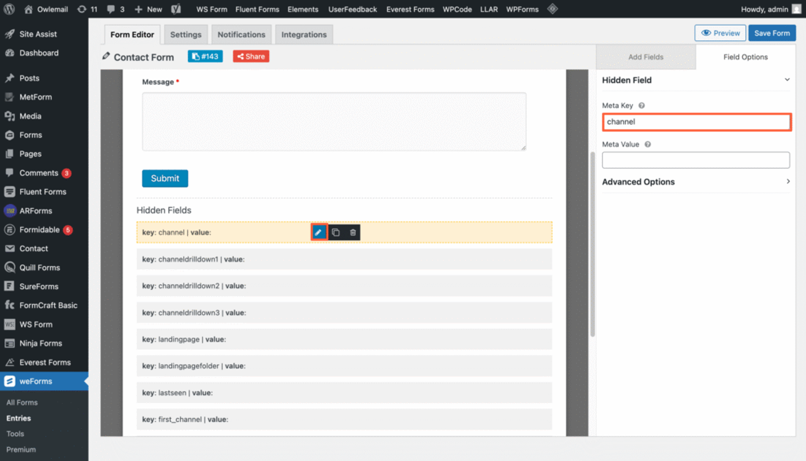 Add hidden fileds in WeForms