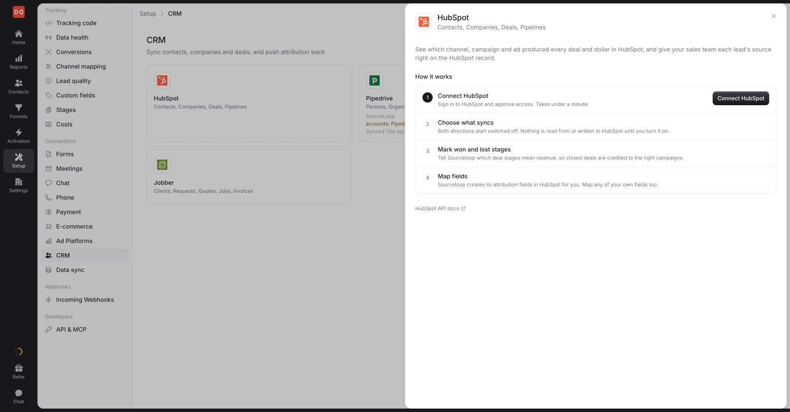 SourceLoop HubSpot setup drawer for connecting the CRM and mapping fields