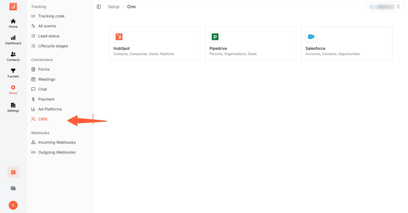 SourceLoop Setup CRM page showing the built-in CRM cards