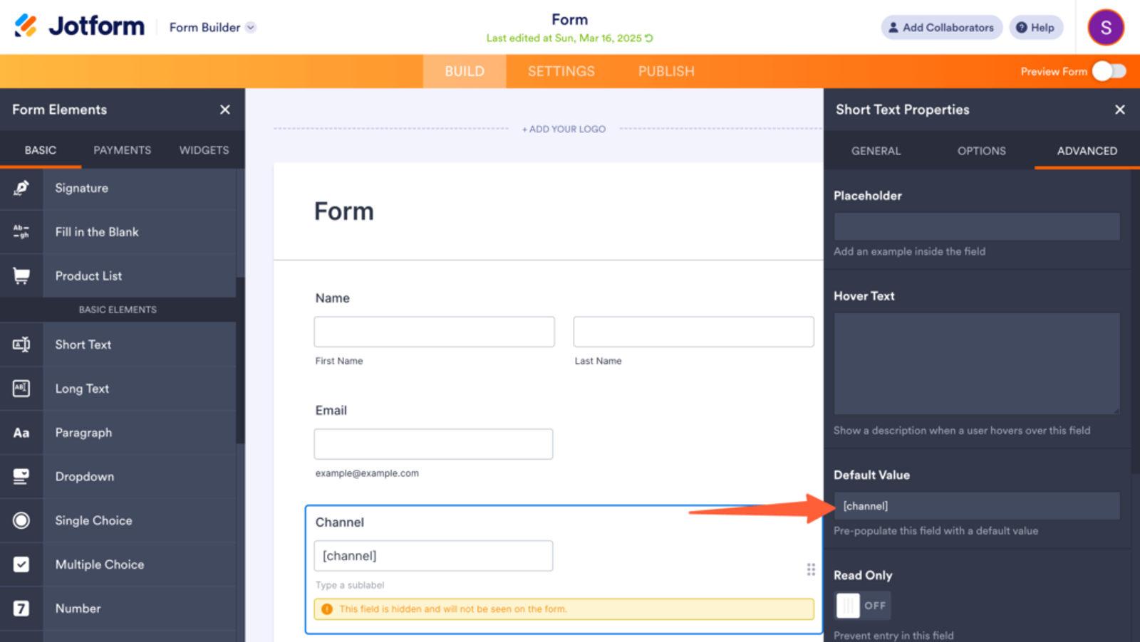 Jotform default value of field for capturing UTM fields