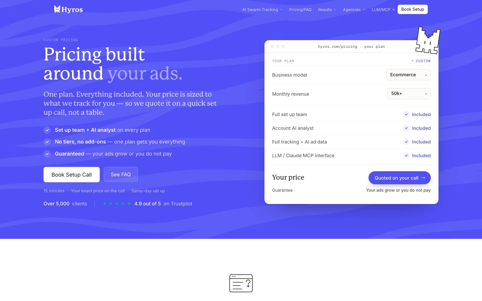 Hyros pricing page with a plan configurator for business model and monthly revenue, and the price quoted on a call
