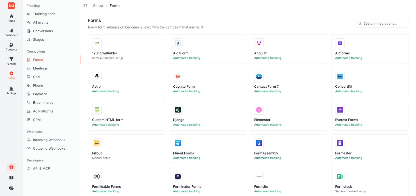 SourceLoop integrations page showing form, meeting, chat, call and payment tools captured with no code