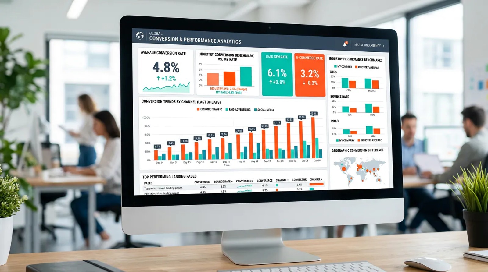 Conversion rate benchmarks dashboard showing industry performance metrics and analytics