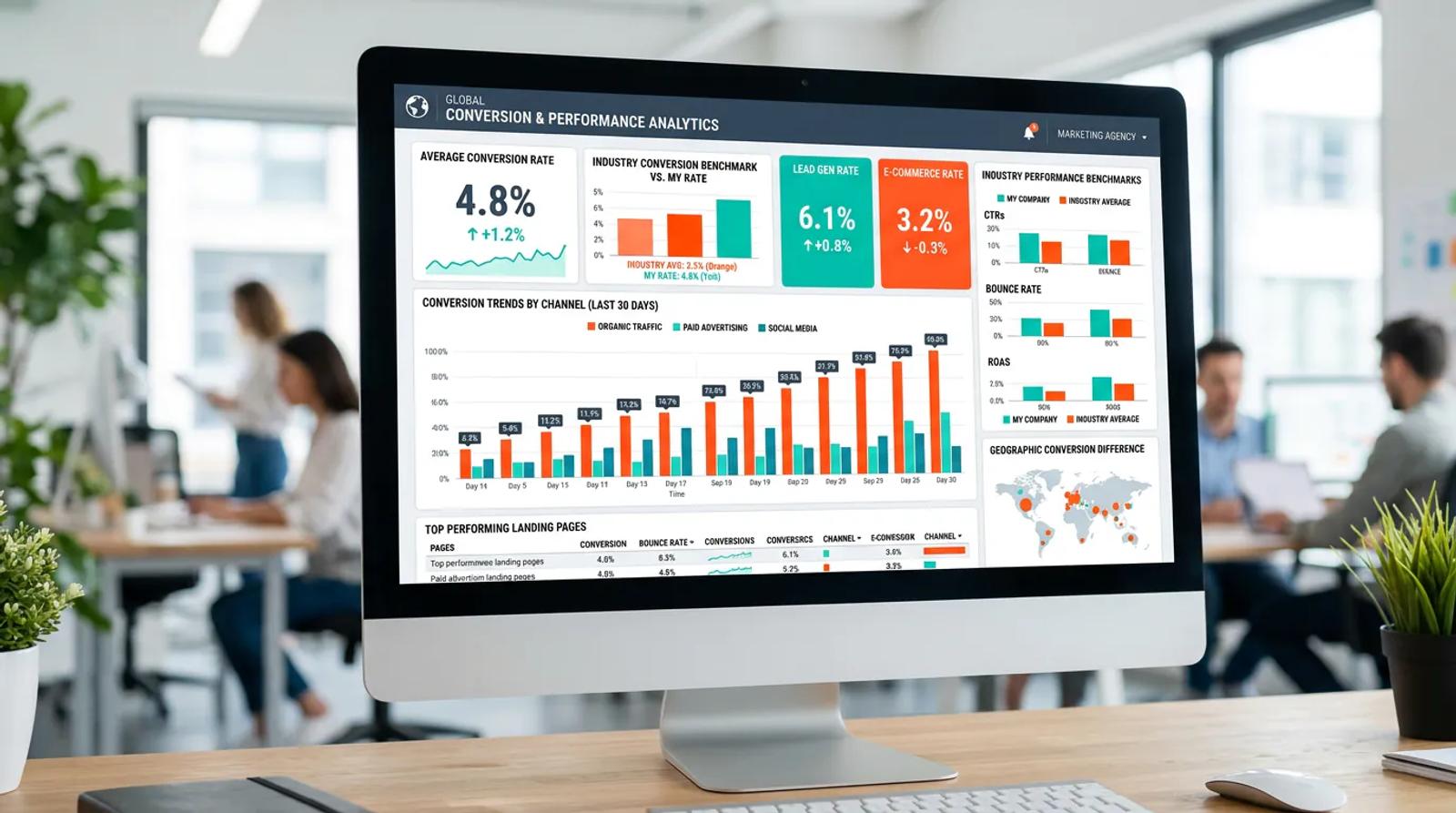 Conversion rate benchmarks dashboard showing industry performance metrics and analytics