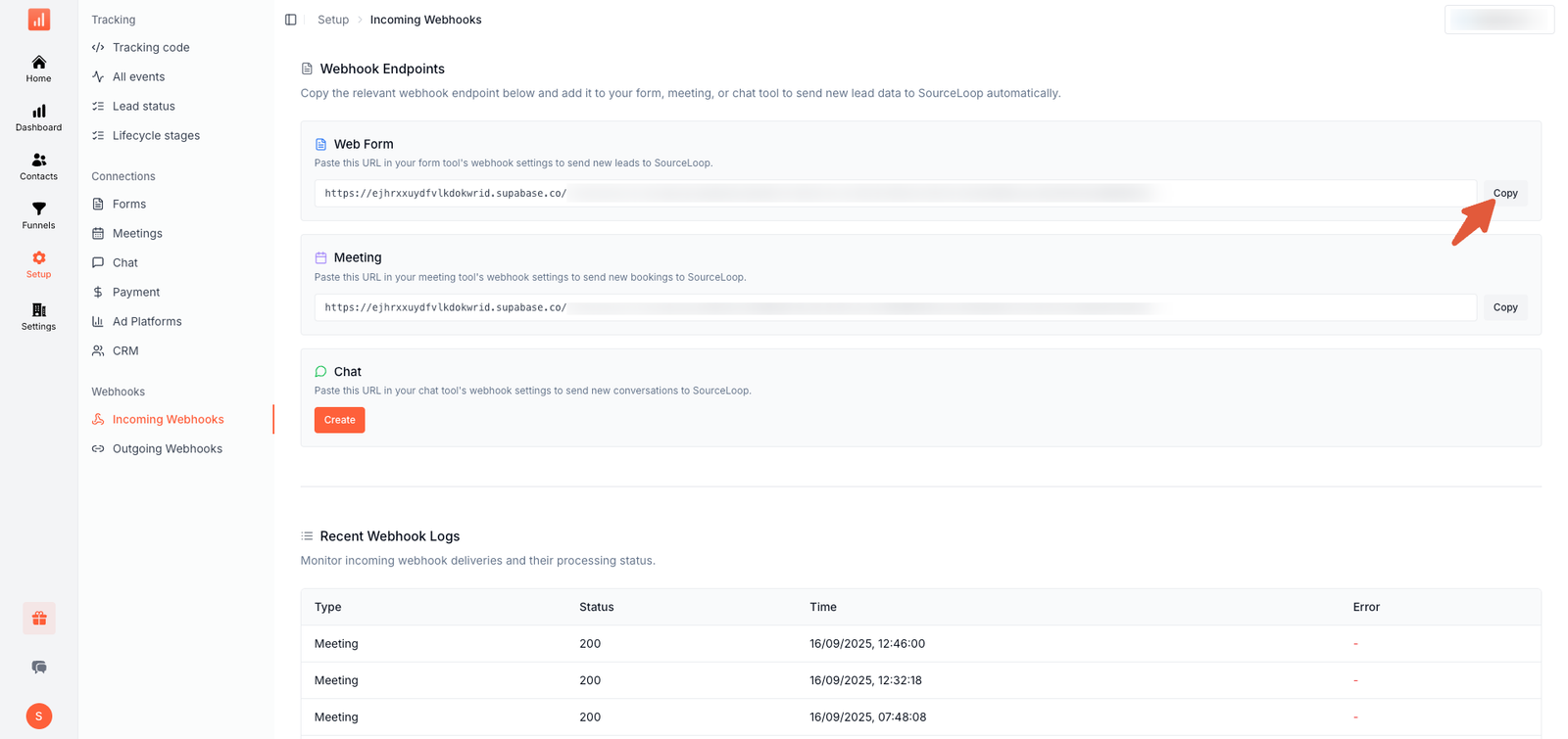 SourceLoop Setup page on the Incoming Webhooks tab