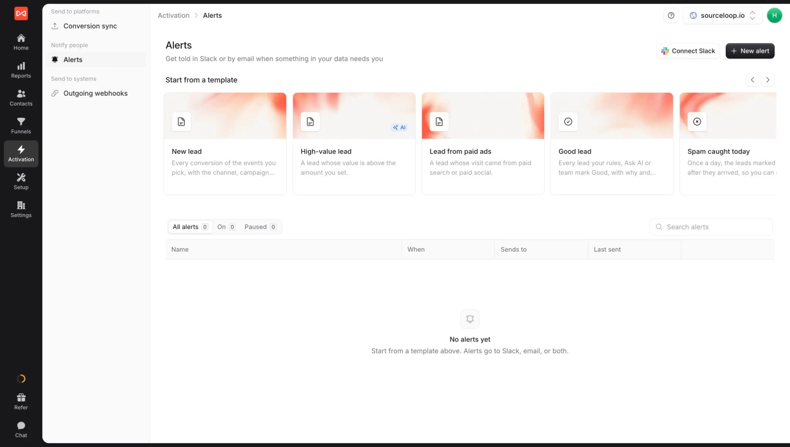 SourceLoop alerts page with templates for new lead, high-value lead, paid ads lead, good lead and spam caught