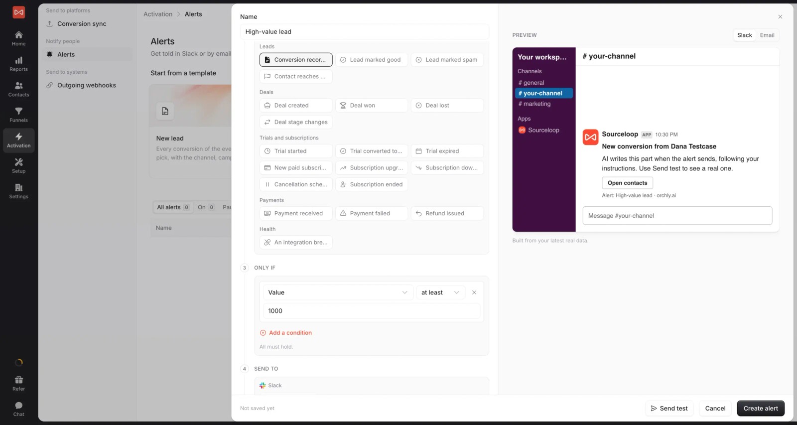 SourceLoop alert builder posting a high-value lead to Slack