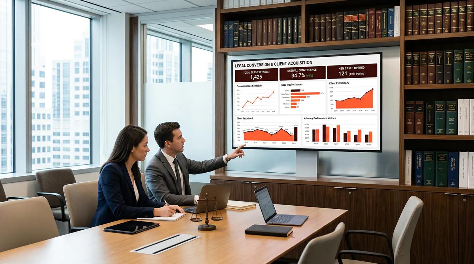 Criminal defense attorney analyzing website conversion rate benchmarks on digital dashboard