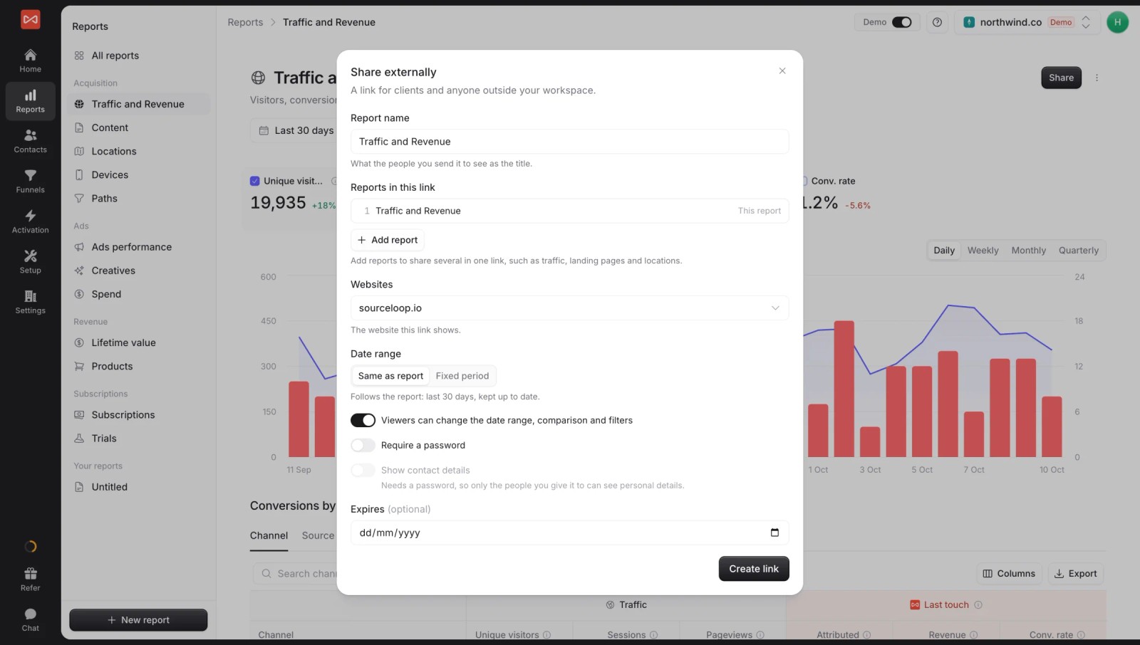 SourceLoop Share externally dialog with report name, date range, an option to let viewers change filters, password and expiry settings