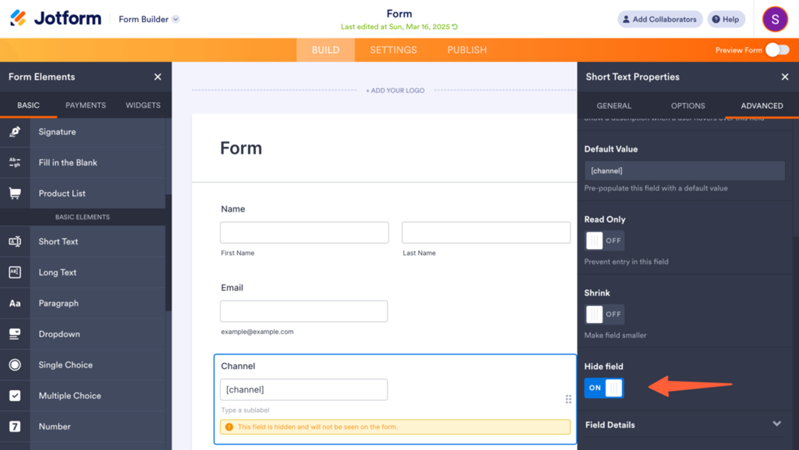 Hidden Jotform field for UTM tracking