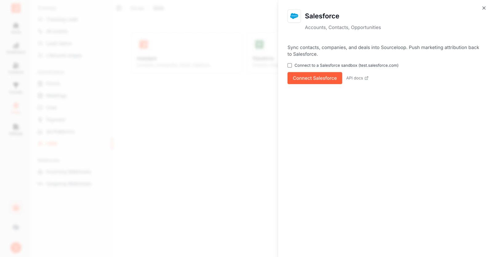 SourceLoop Salesforce connect drawer with the sandbox toggle and Connect button