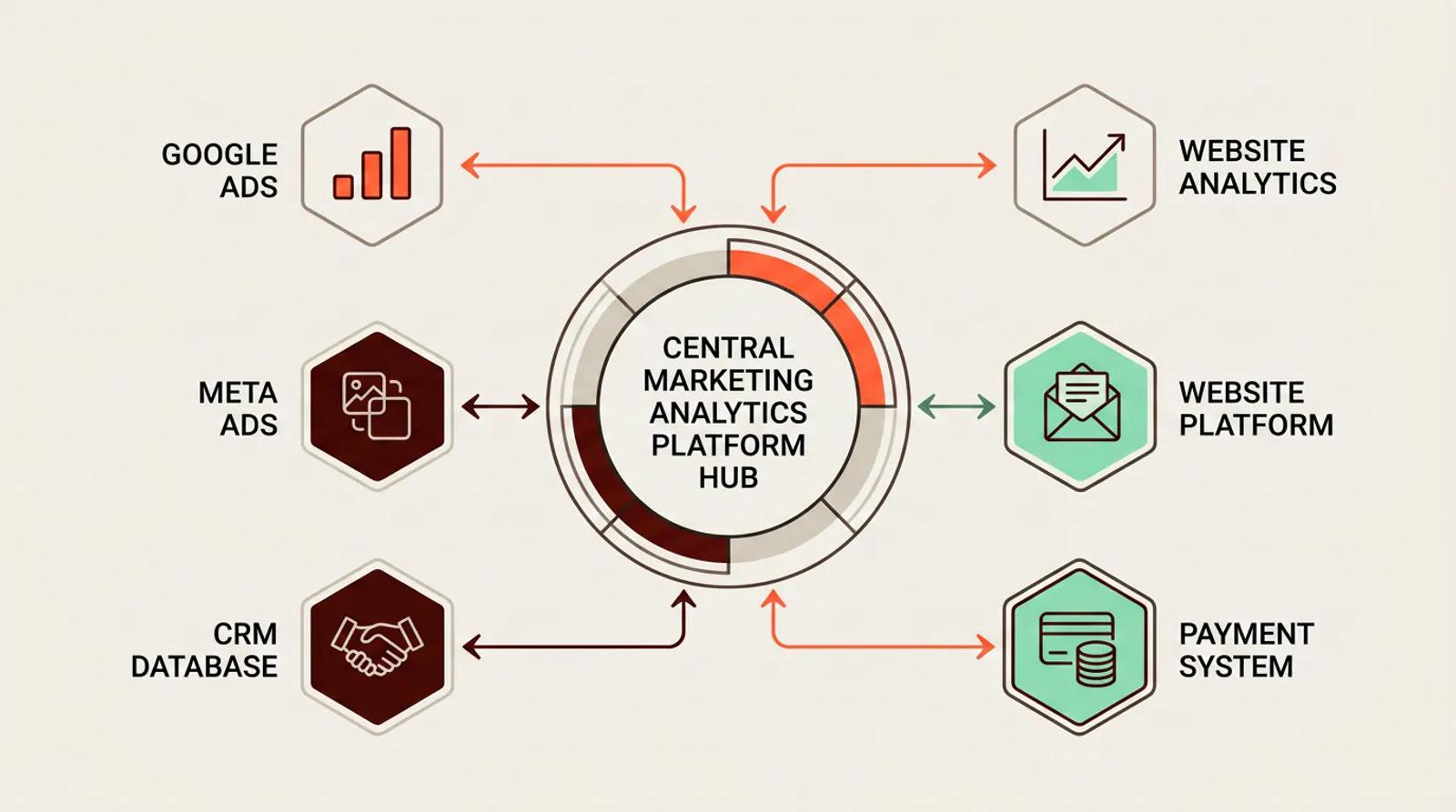 Data integration diagram showing marketing analytics platform connecting to multiple data sources including CRM, ad platforms, and website