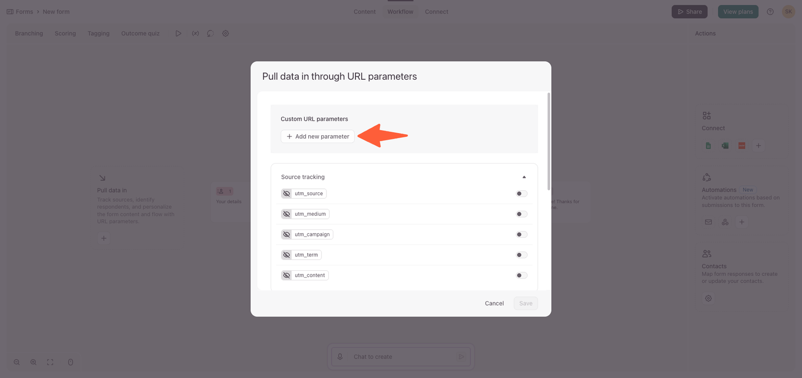 Typeform parameter settings with the Add new parameter button