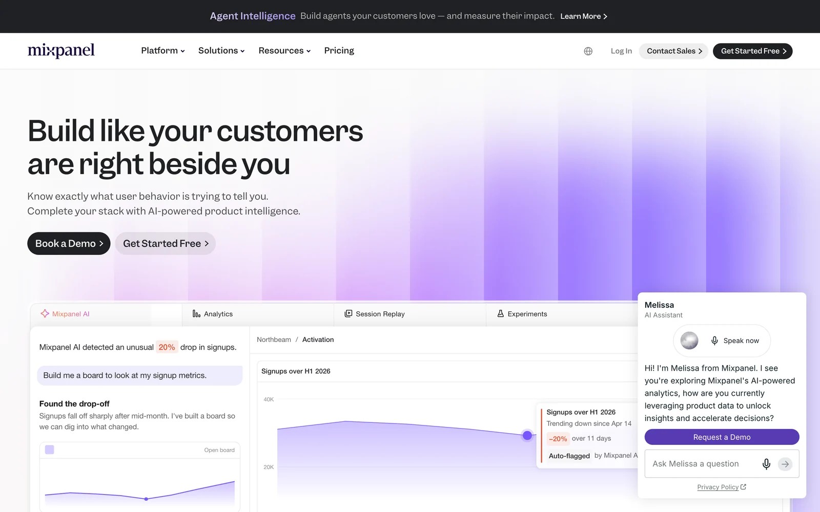 Mixpanel homepage about product analytics with AI