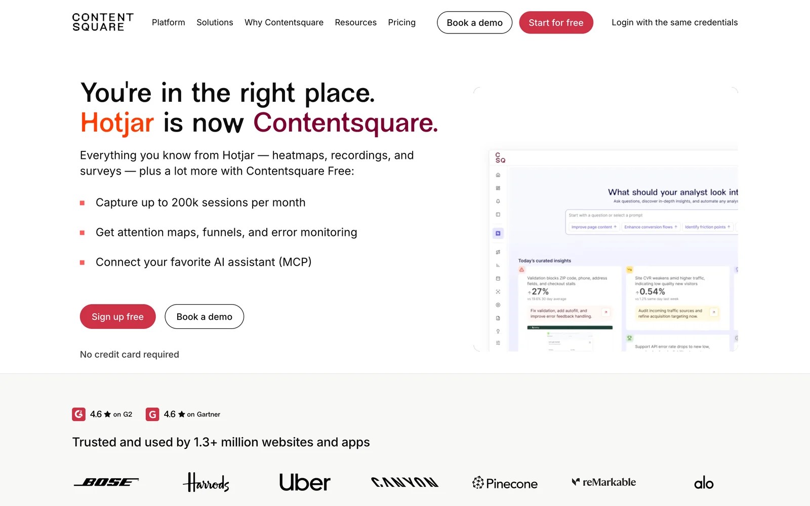 Hotjar homepage announcing that Hotjar is now Contentsquare