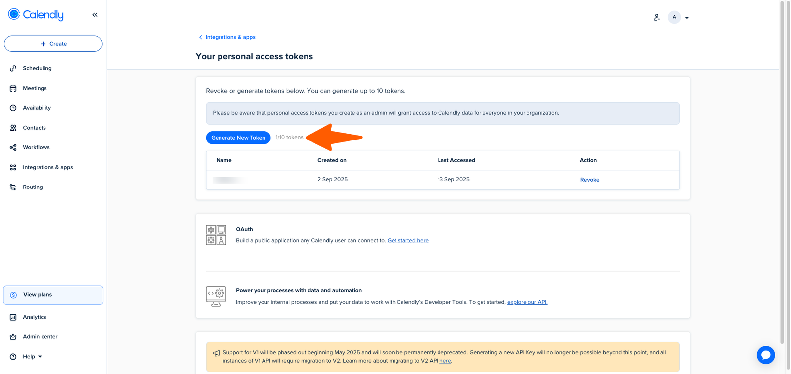 Calendly personal access tokens screen with Generate New Token highlighted