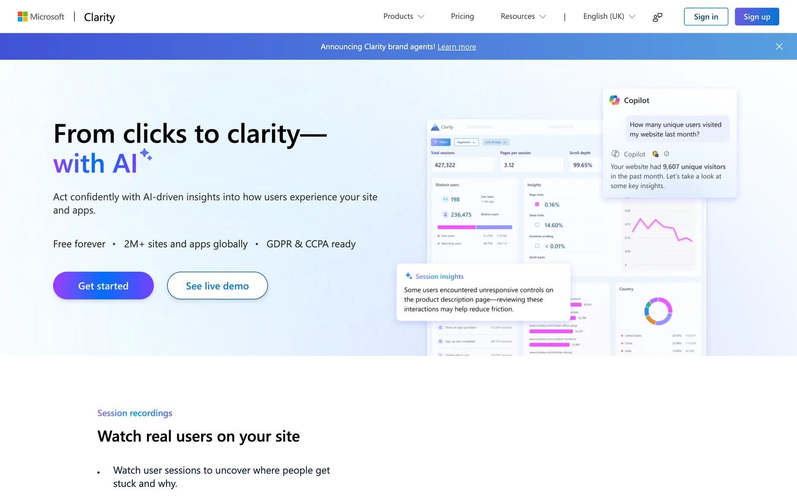 Microsoft Clarity homepage showing session recordings, heatmaps and AI summaries