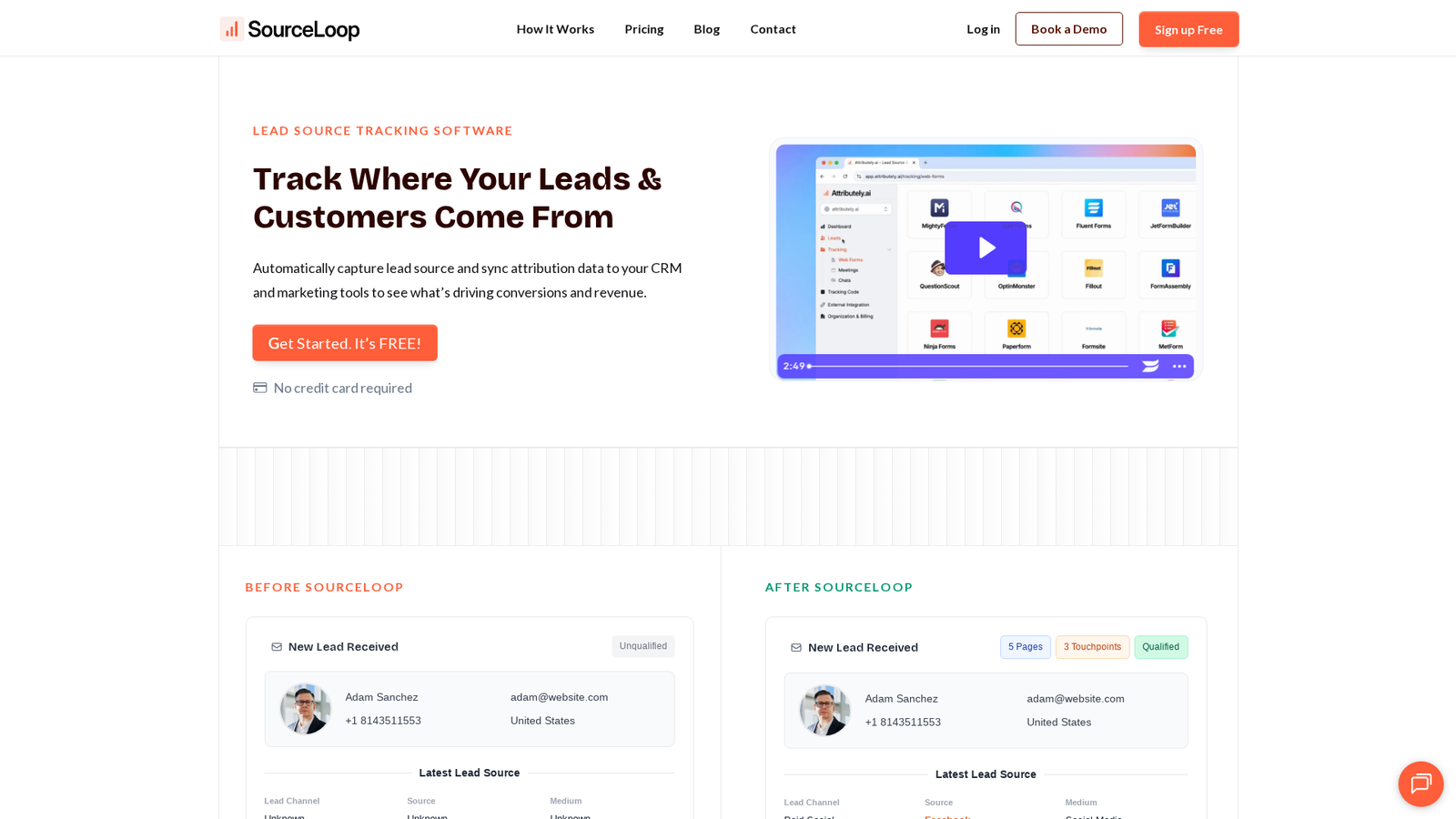 SourceLoop.ai website homepage showing UTM tracking features