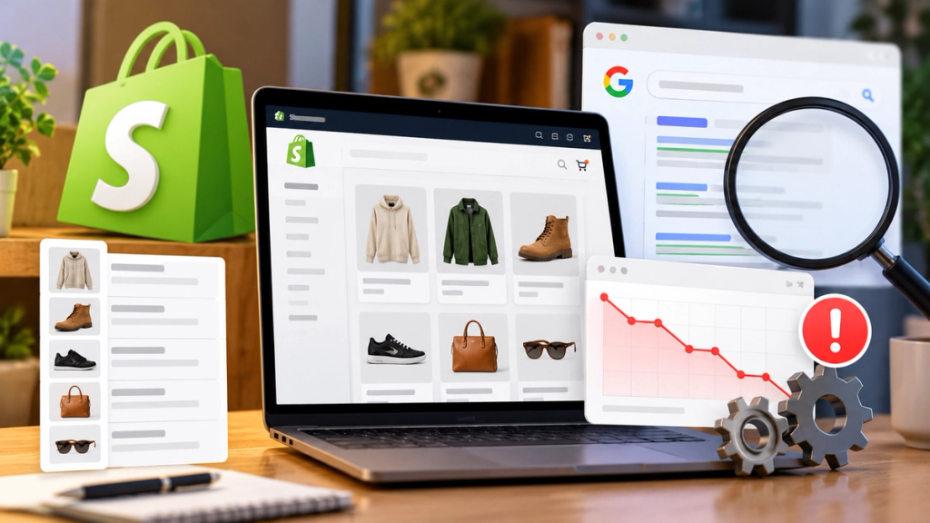 Shopify collection page with product listings, SEO ranking decline graph and search visibility analysis