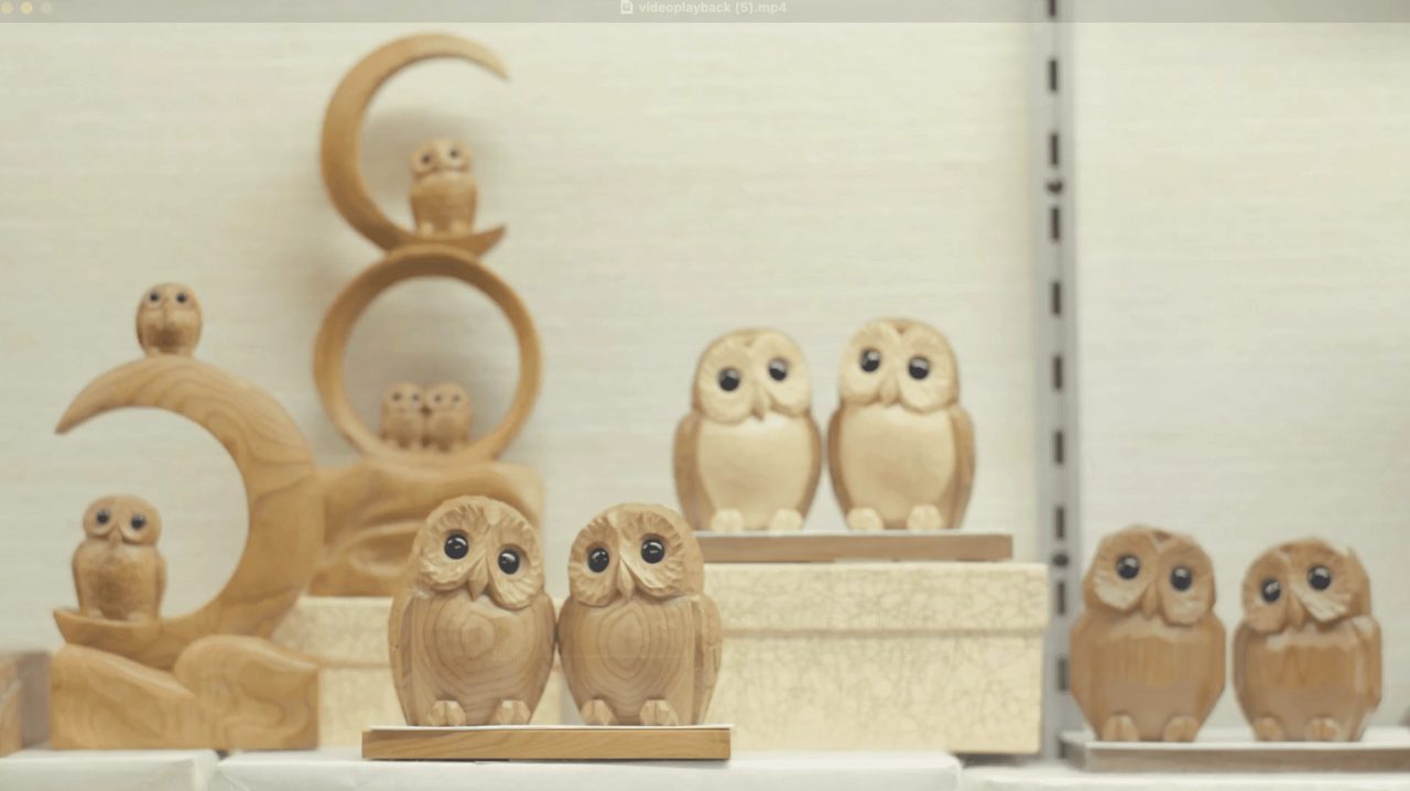 Carved wooden owls of several sizes displayed on a pale shelf, some in pairs, others perched on crescent moon and ring forms.