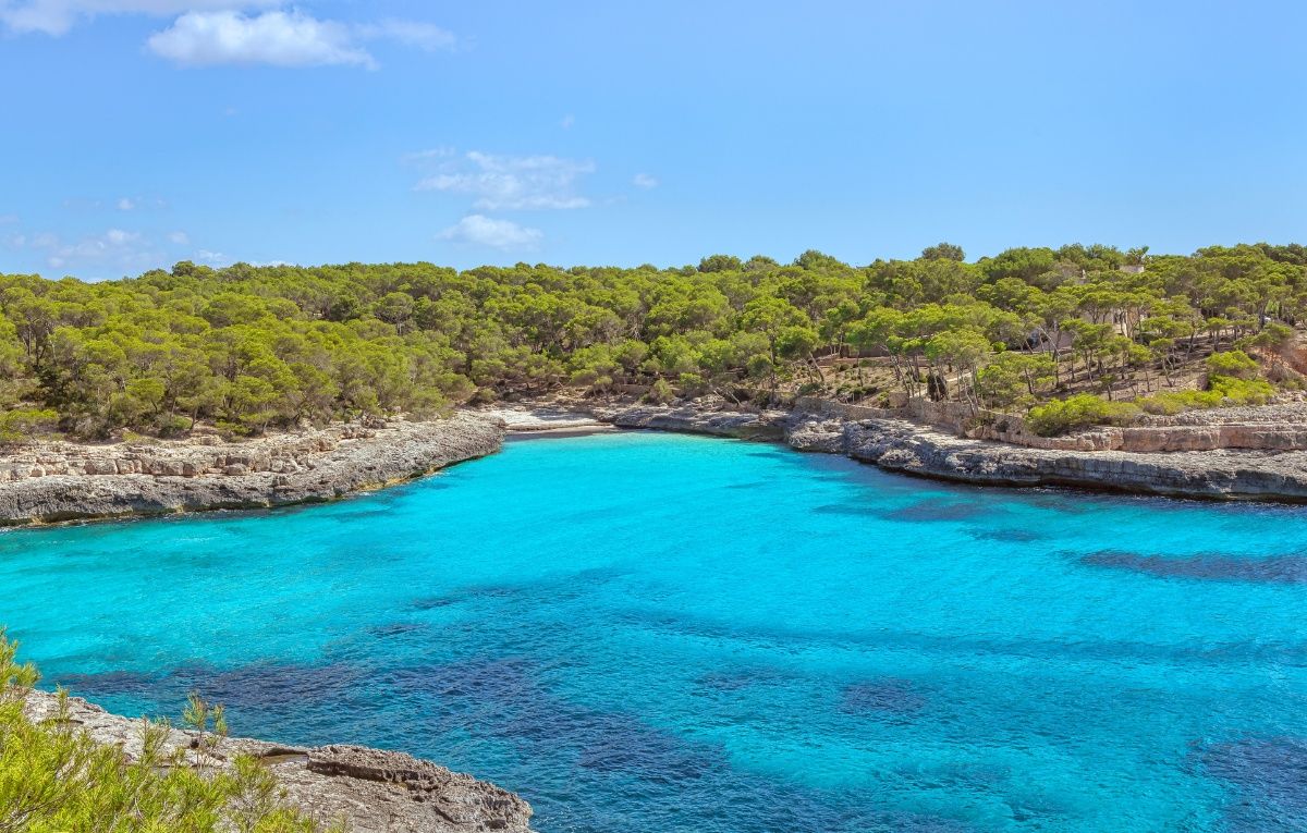 Cliffs bay landscape panorama Parc natural de Mondragó Mallorca Spain.