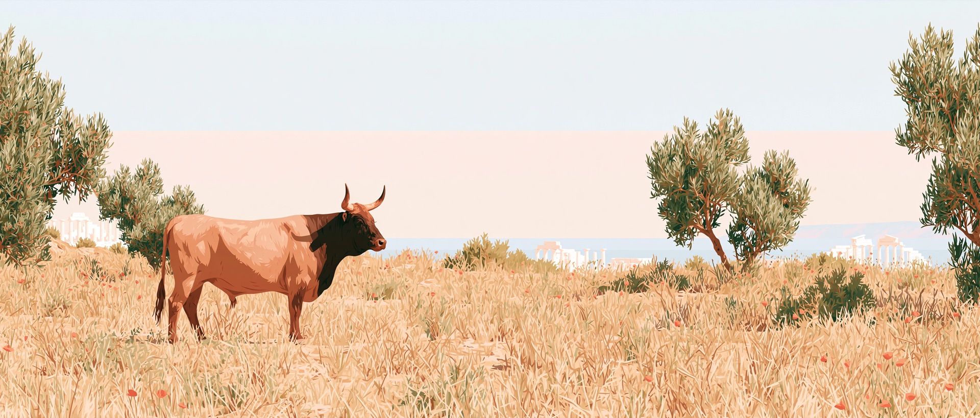 Bull standing in a sunlit Greek meadow — eToro joins ThetaGrind's supported brokerages