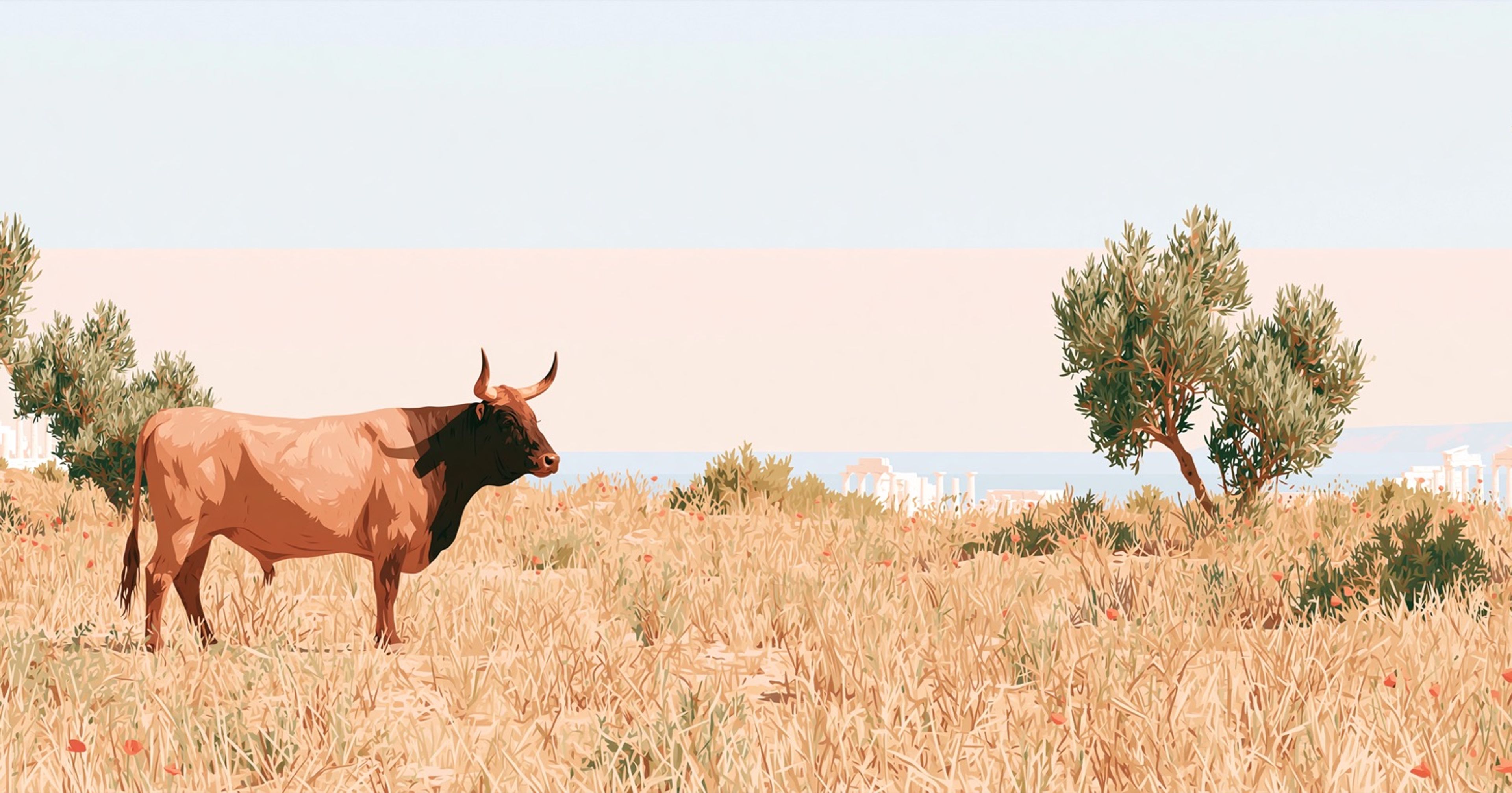 Bull standing in a sunlit Greek meadow — eToro joins ThetaGrind's supported brokerages