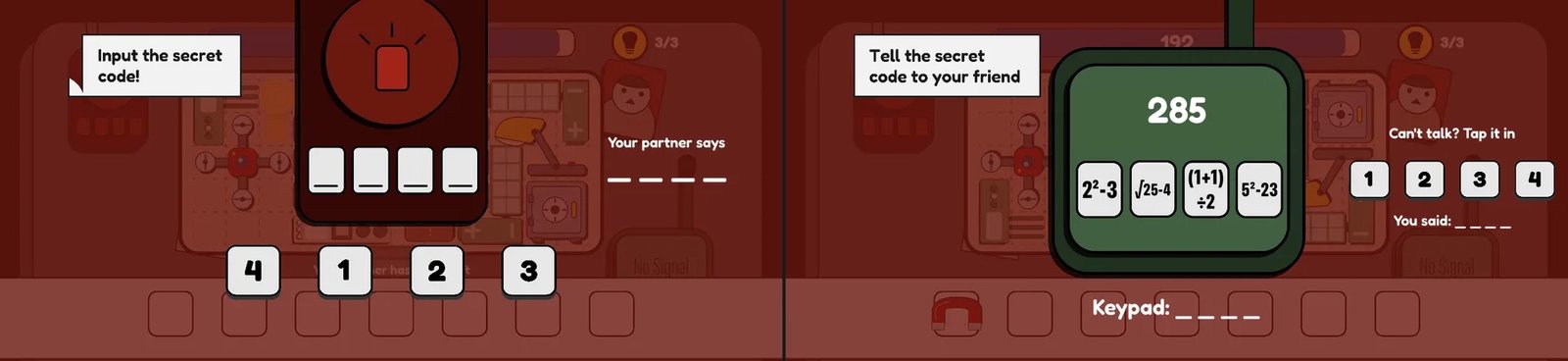 Both players' screens during the alarm: Player 1 waits at the keypad while Player 2 reads the code off four small sums