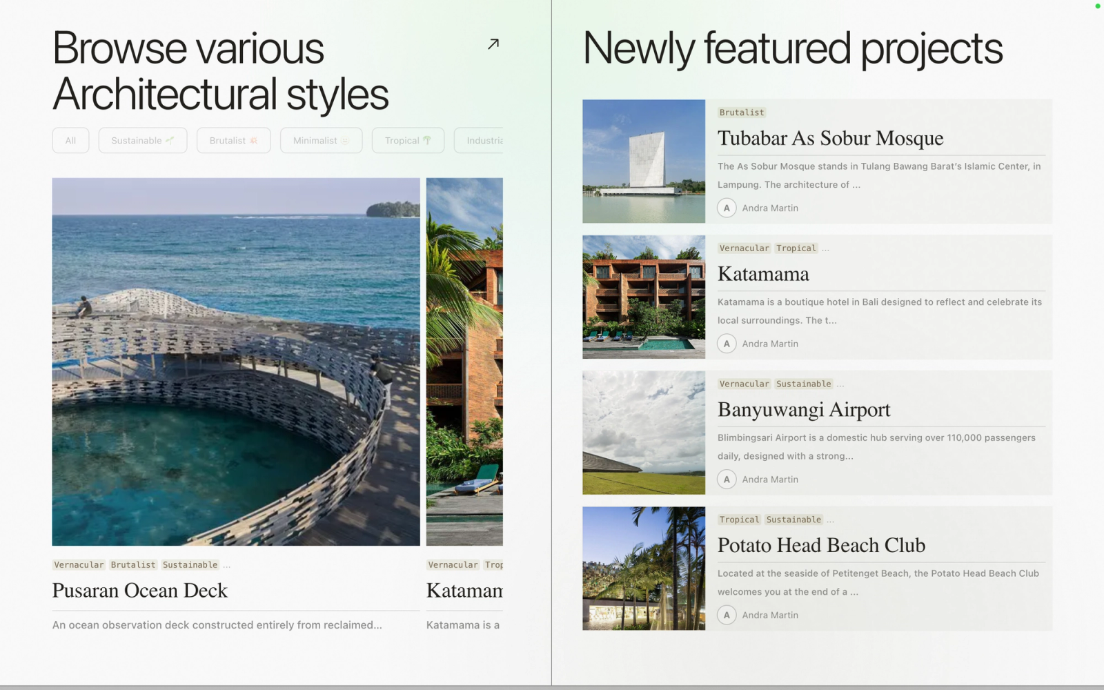 Arseektek home page with style chips above a scrolling row of projects on the left and a list of newly featured projects on the right