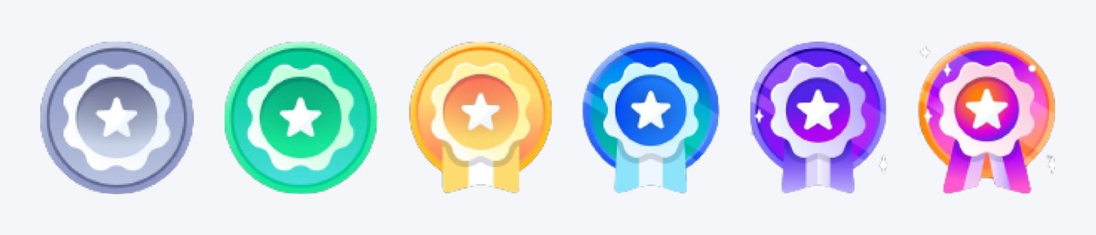Six Riverse level badges, from a silver star medal at Level 1 to a pink and orange ribboned medal at Level 6